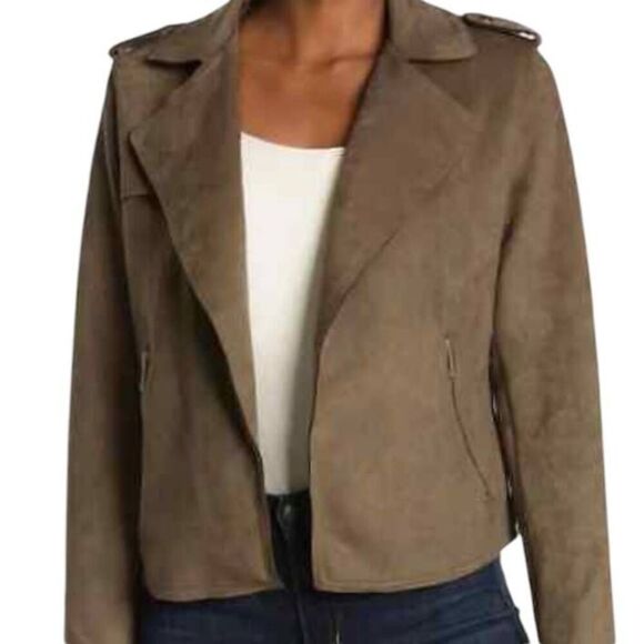 T TAHARI OLIVE GREEN FAUX SUEDE MOTO JACKET SZ.M EUC. - Picture 1 of 7